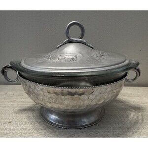 Vintage Glasbake J2600 1.5 Qt Casserole Hammered Aluminum Bowl Lid